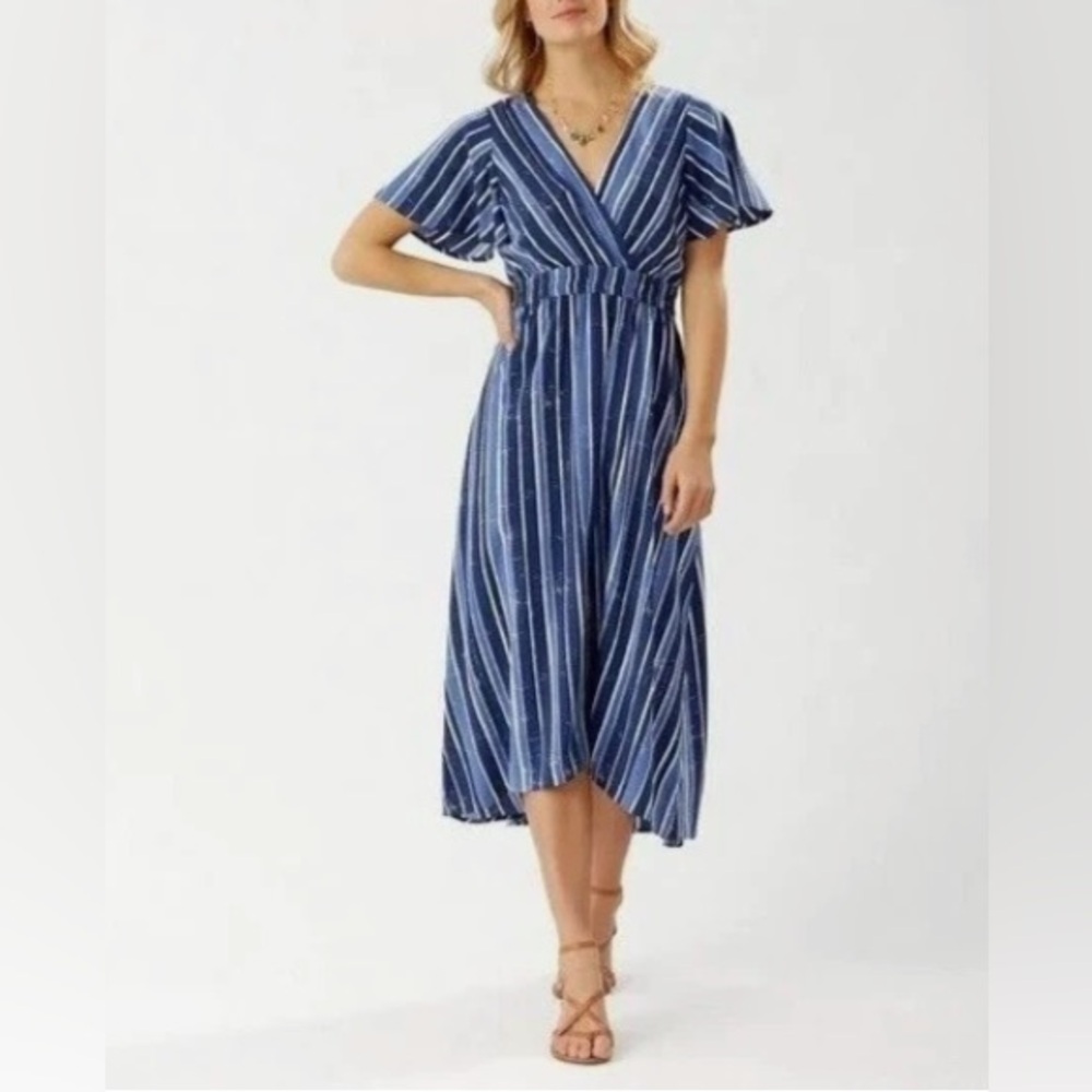 Tommy Bahama Beach Fan Fair Stripe Maxi Dress Island Navy Blue